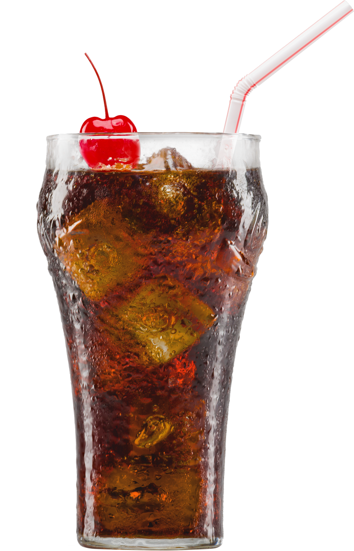 Soda in a glass container with cherry and a bendable straw